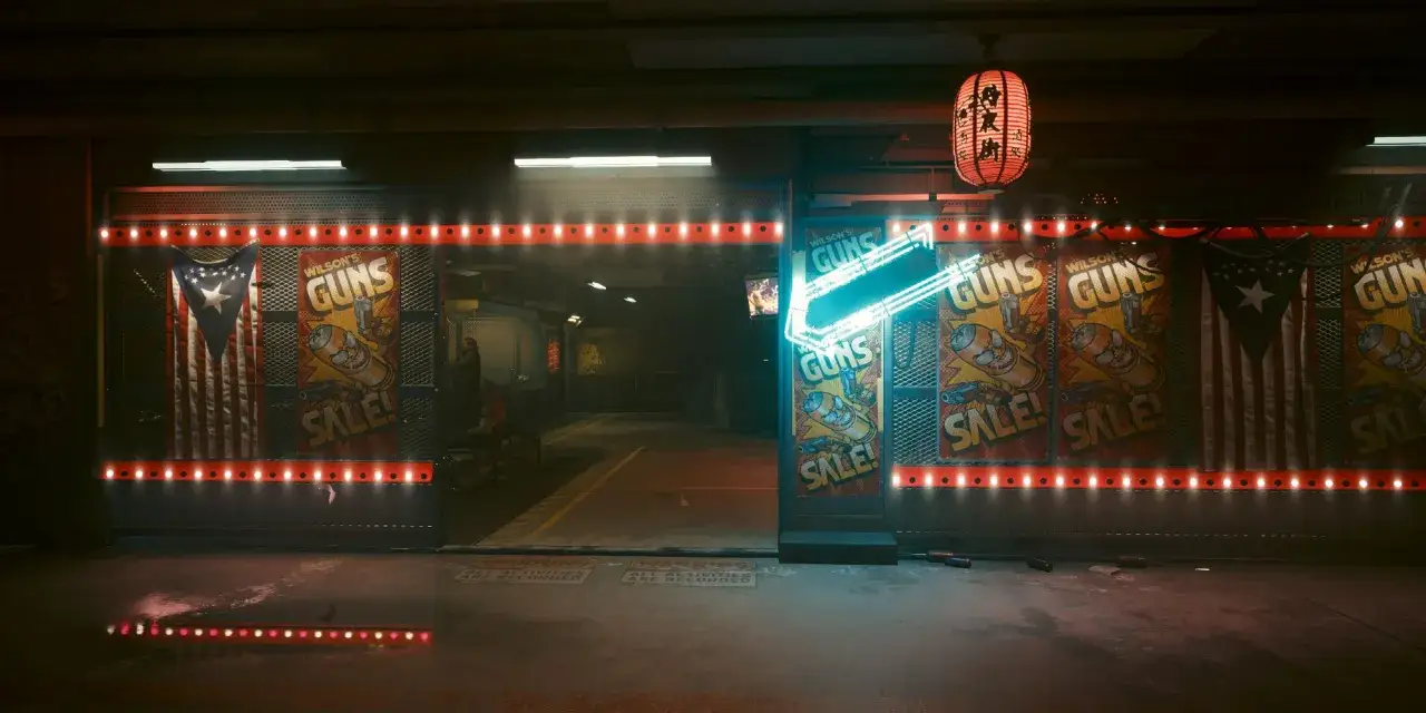 Cyberpunkowy sklep z bronią Wilson's Guns, neonowy szyld, plakaty z promocją i flagą Portoryko. Cel pal cyberpunk.