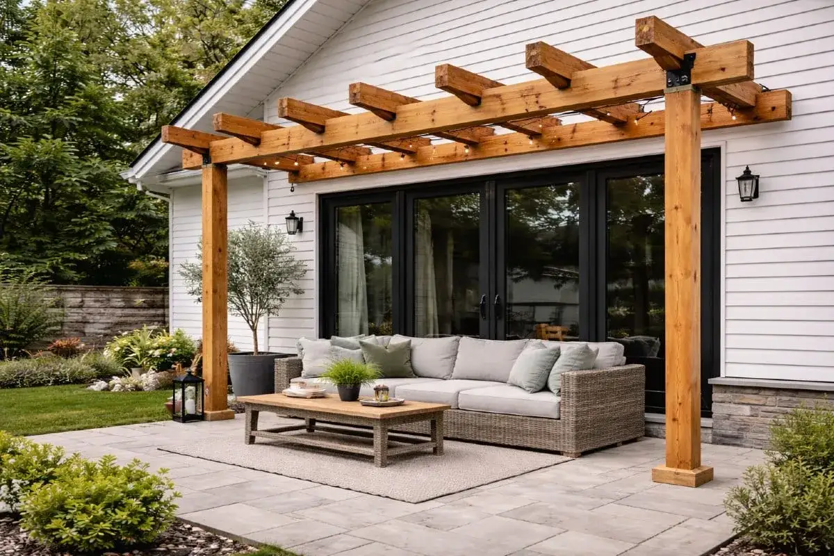 En mysig uteplats med soffa och bord under en träpergola. Perfekt för sommarkvällar, och kanske behöver du pergola bygglov för din egen dröm.