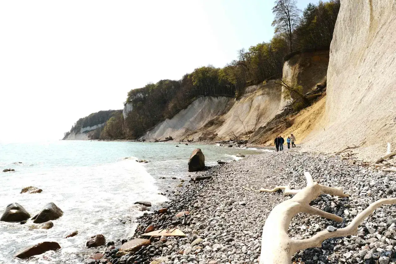 Ein malerischer Strand bei Nonnevitz mit Kreidefelsen, bewaldeter Klippe und dem Meer. Menschen spazieren am steinigen Ufer.
