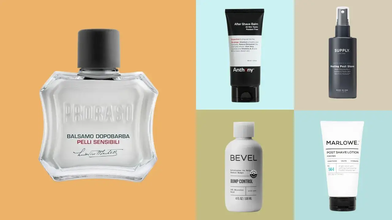 Produkter f&ouml;r att lugna irriterad hud efter rakning i ansiktet. Inkluderar after shave-balm, lotion och spray.