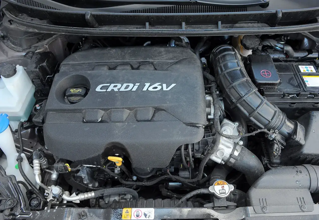 Silnik CRDi 16V w Hyundai i30. Widoczny jest kolektor dolotowy, akumulator i płyny eksploatacyjne.