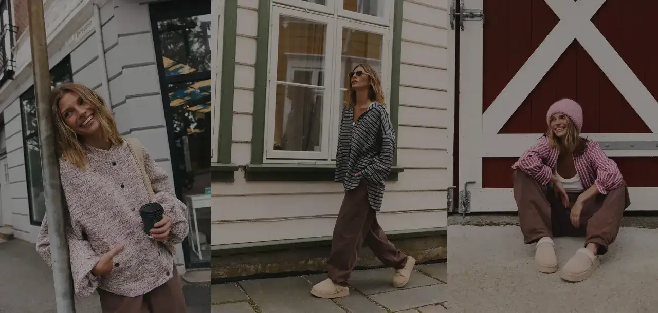 Kobieta w różnych stylizacjach street fashion: w różowym sweterku, bluzce w paski i czapce.