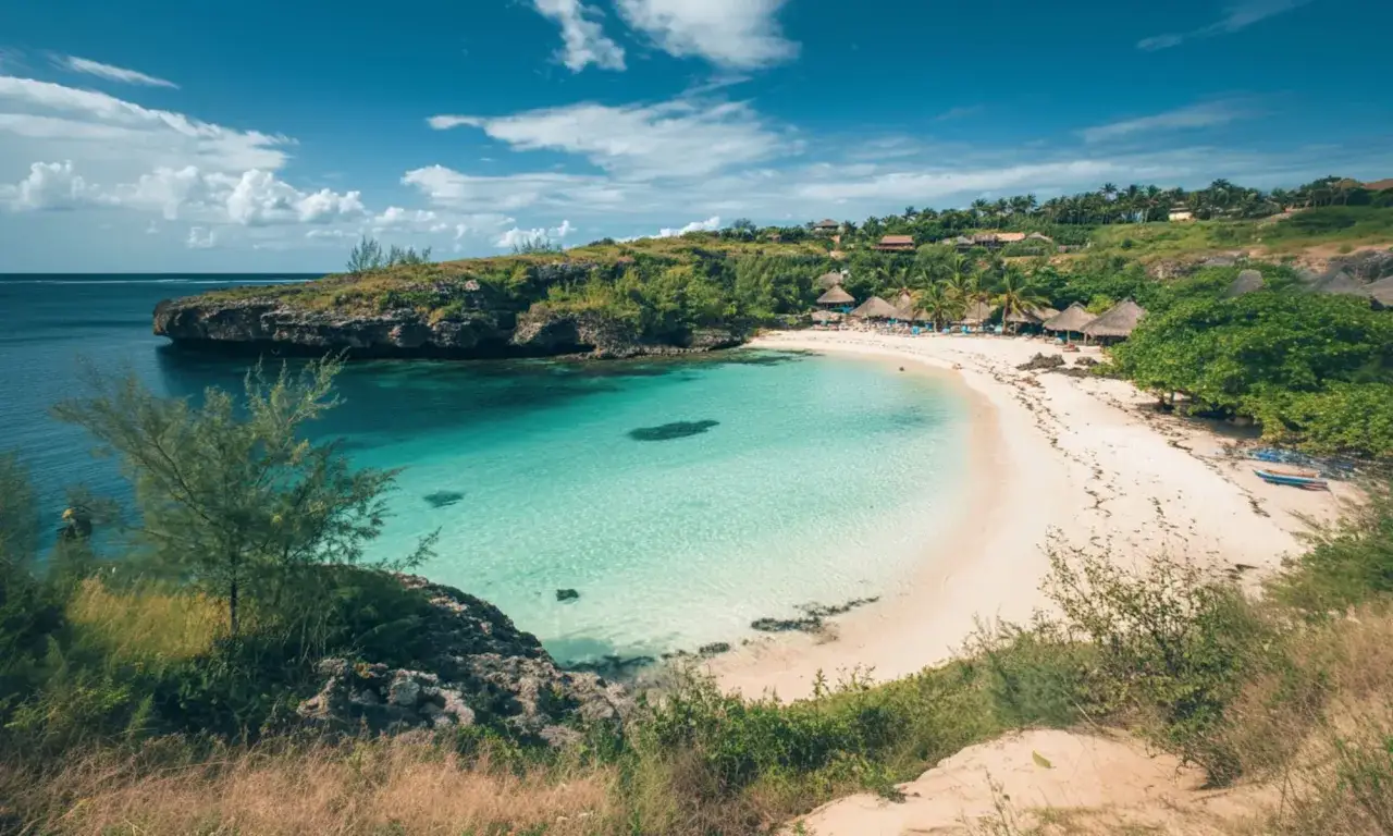 Rajska plaża z turkusową wodą, palmami i chatkami z krytymi dachami. Idealne miejsce na wymarzone madagaskar wakacje.