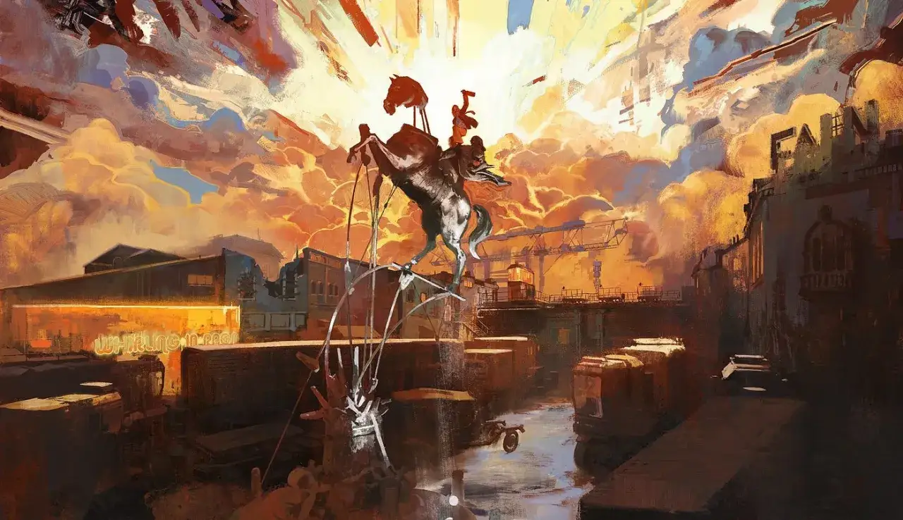 Surrealne miasto w stylu Disco Elysium 2. Na pierwszym planie rzeźba konia na szczudłach, w tle budynki i zachodzące słońce.