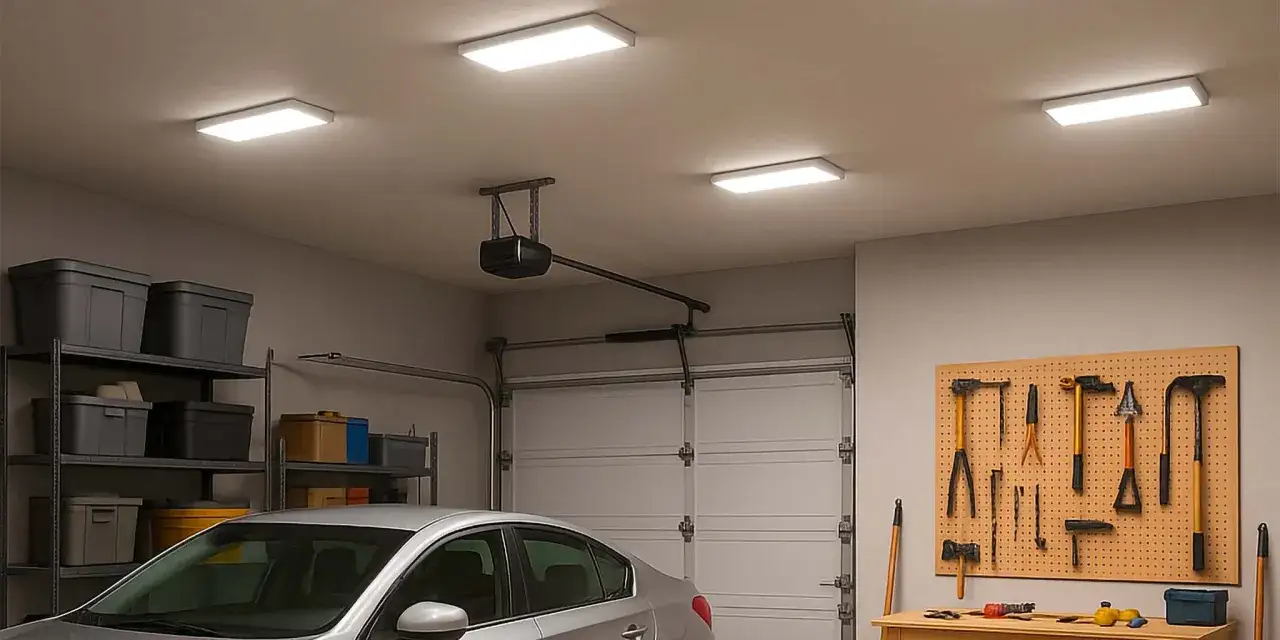 Un garage bien &eacute;clair&eacute; avec des n&eacute;ons au plafond. On y voit une voiture, des &eacute;tag&egrave;res de rangement, une porte de garage et un panneau &agrave; outils. Id&eacute;al pour savoir dans quel sens installer un n&eacute;on dans un garage.