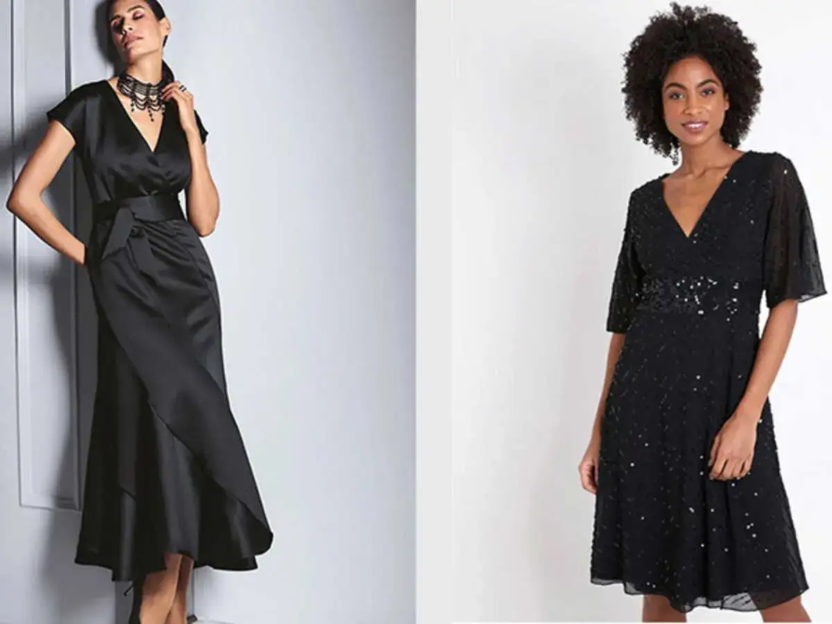 Deux robes noires &eacute;l&eacute;gantes, parfaites pour savoir comment porter robe noire &agrave; 50 ans. L'une est longue et satin&eacute;e, l'autre courte et paillet&eacute;e.
