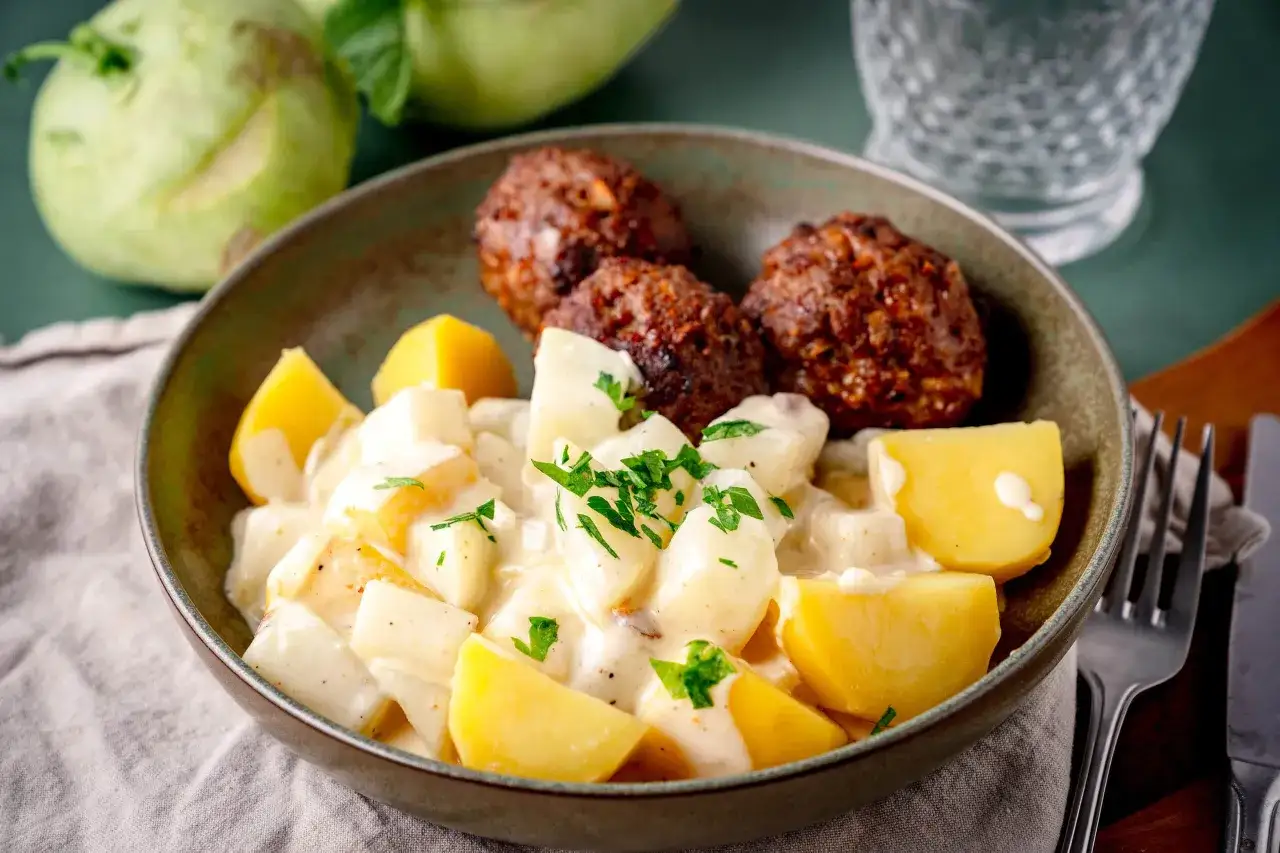 Klassische Kohlrabi-Rezepte: Kohlrabi in cremiger Sauce mit Kartoffeln und Frikadellen, garniert mit Petersilie.