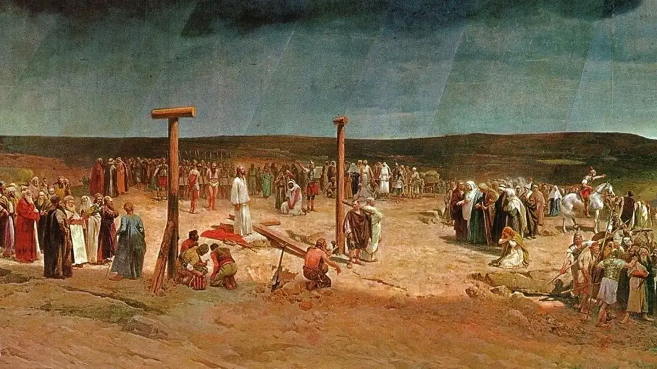 Scena ukrzyżowania Jezusa, tłum ludzi obserwuje, kiedy umarł Jezus. Niebo ciemnieje, zapowiadając tragiczne wydarzenie.