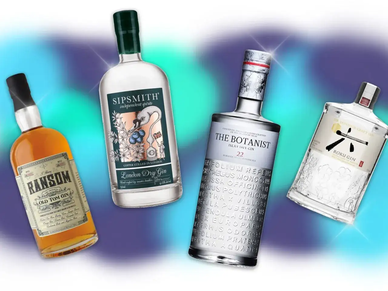 Butelki ginu: Sipsmith (41.6% alc/vol), The Botanist, Roku Gin i Ransom Old Tom Gin.