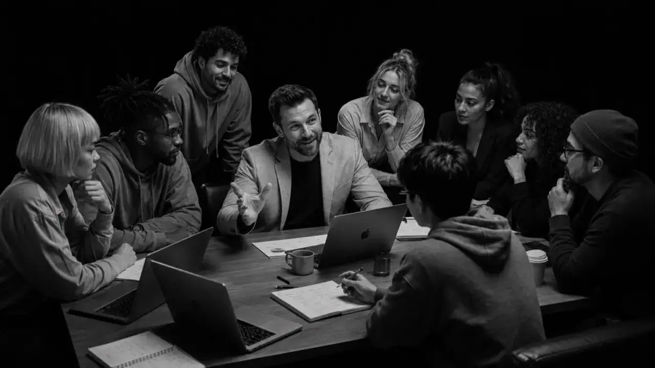 Ein Team bespricht Strategien f&uuml;r das music management. Sie sitzen an einem Tisch mit Laptops und Notizb&uuml;chern, diskutieren lebhaft und planen die n&auml;chsten Schritte.