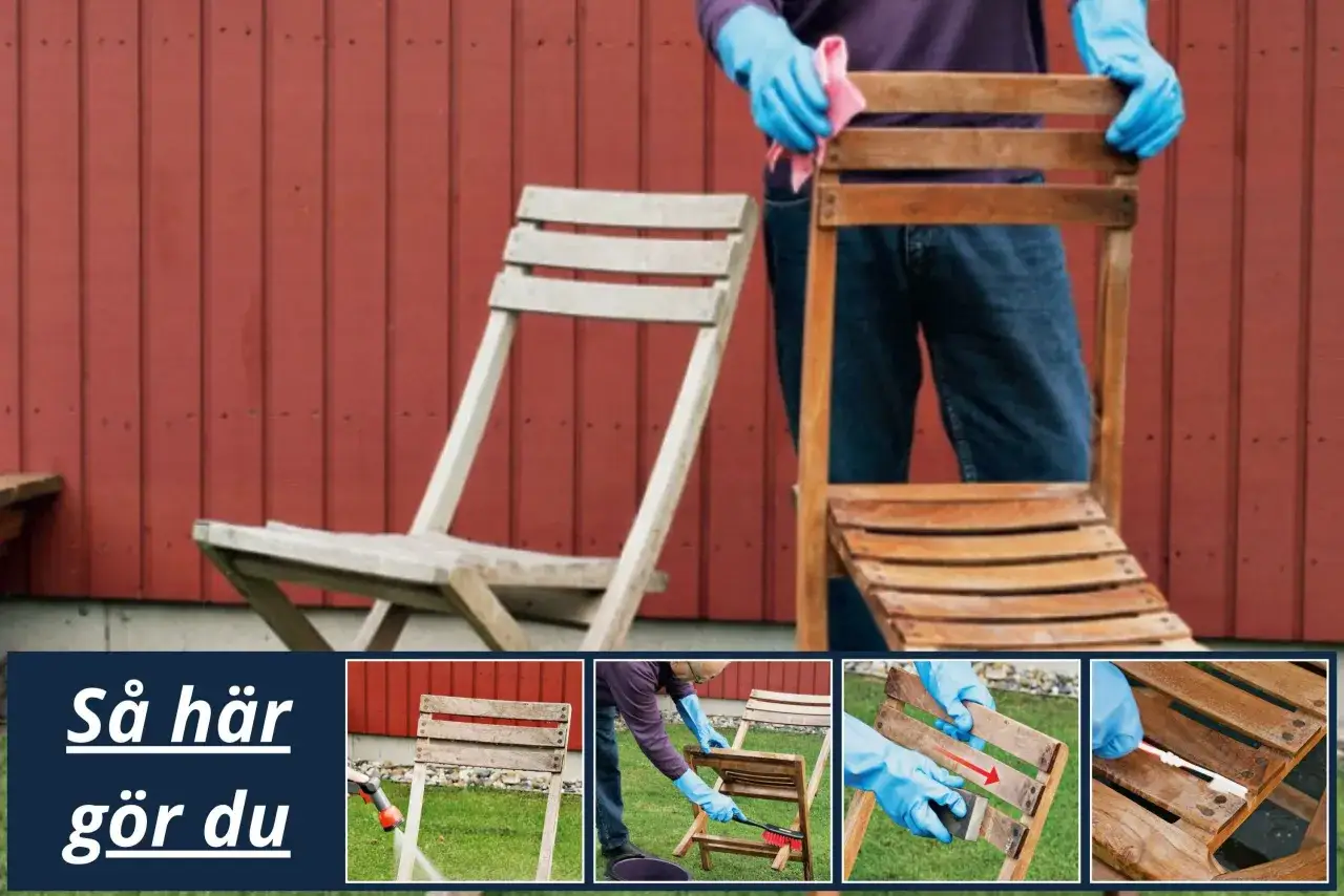Person med bl&aring; handskar slipar en tr&auml;stol. Bilden visar steg f&ouml;r att slipa stolar f&ouml;r att ge dem nytt liv.