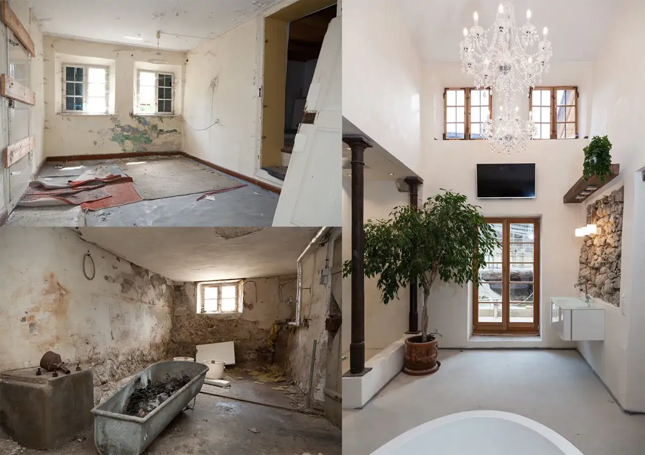 Vorher-Nachher-Vergleich: Ein Haus vor und nach der Kernsanierung. Vom bauf&auml;lligen Zustand zur modernen Oase mit Kronleuchter.