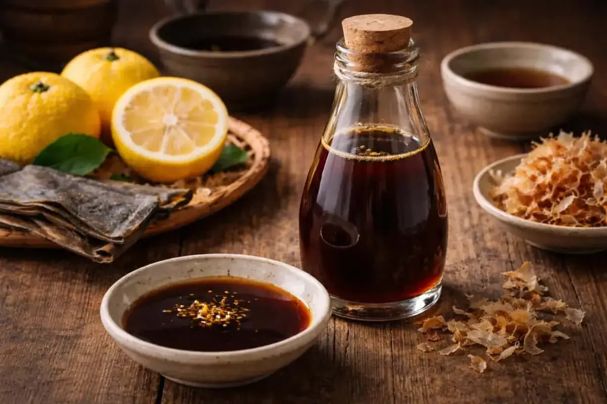 Ingredienser f&ouml;r ett ponzu recept: citroner, torkad kelp, bonito-flingor och en flaska med den m&ouml;rka s&aring;sen.