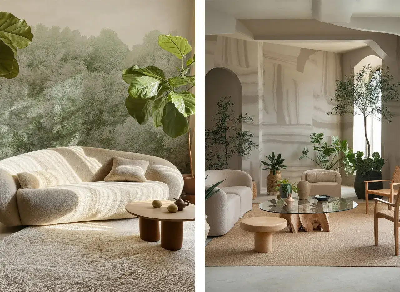 Dwa wnętrza w stylu japandi: przytulna sofa i bujna zieleń po lewej, minimalistyczny salon z organicznymi formami i roślinami po prawej.