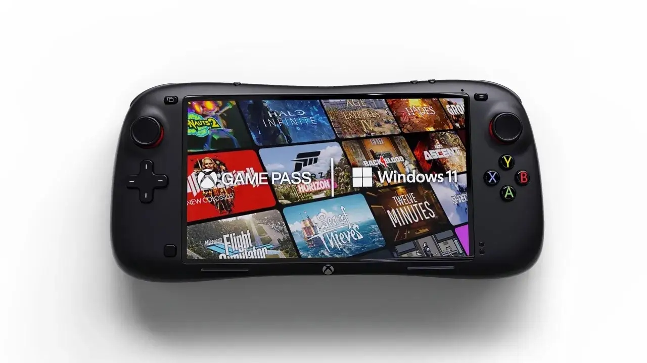 Przenośna konsola do gier z ekranem wyświetlającym gry z Game Pass i Windows 11. Wygląda jak Steam Deck 2.