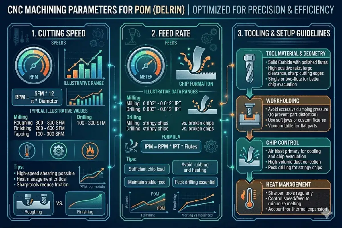 Parametry skrawania tabela dla POM (Delrin) zawiera wskazówki dotyczące prędkości obrotowej, posuwu i narzędzi.