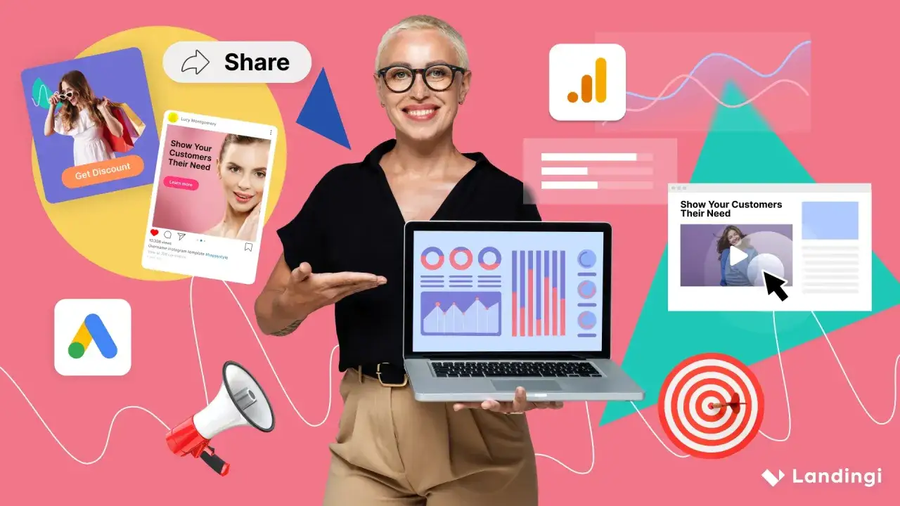 Mujer sonriente muestra estrategias de **marketing digital**: redes sociales, anuncios, an&aacute;lisis y videos para conectar con clientes.