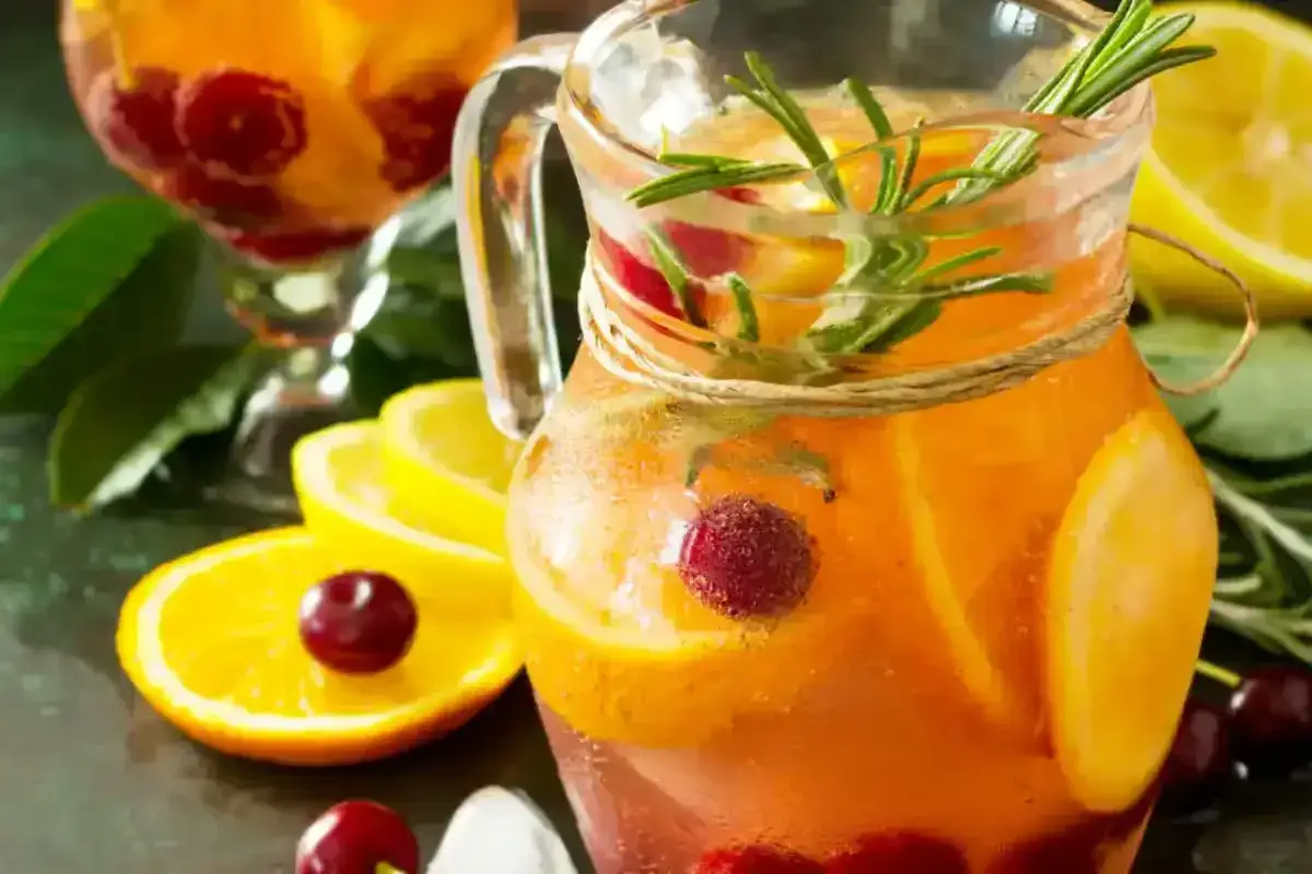 Une carafe de sangria blanche avec des fruits frais, des herbes et des gla&ccedil;ons. Une recette parfaite pour l'&eacute;t&eacute;.
