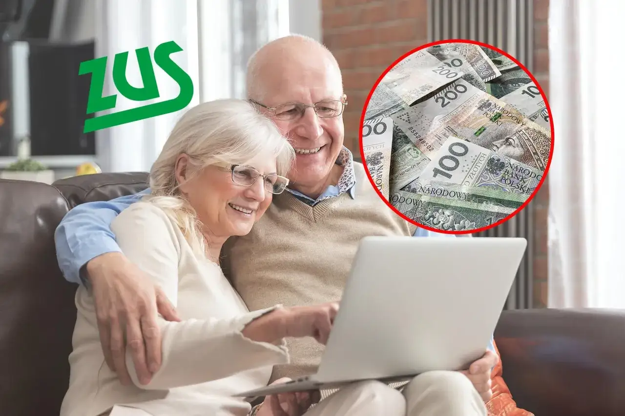 Uśmiechnięci seniorzy przy laptopie, obok logo ZUS i okrąg z polskimi banknotami. Czekają na trzynastą emeryturę.