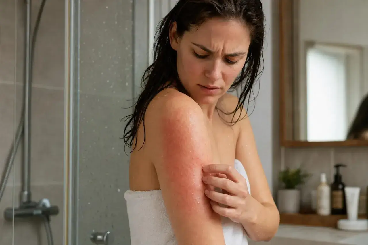 Donna con eruzione cutanea rossa e pruriginosa sul braccio, che si gratta dopo la doccia. La sua pelle sembra irritata, forse a causa di pelle morta dopo la doccia.
