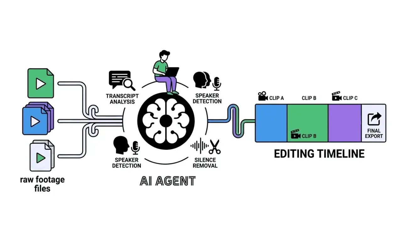 Diagrama del flujo de trabajo de un agente de IA para edici&oacute;n de video: an&aacute;lisis de transcripci&oacute;n, detecci&oacute;n de hablantes y eliminaci&oacute;n de silencios, que culmina en una l&iacute;nea de tiempo de edici&oacute;n y exportaci&oacute;n final.