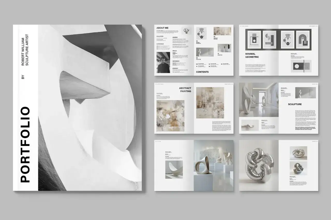 A sculpture artist's portfolio, showcasing abstract paintings and geometric sculptures, ideal for artist websites.