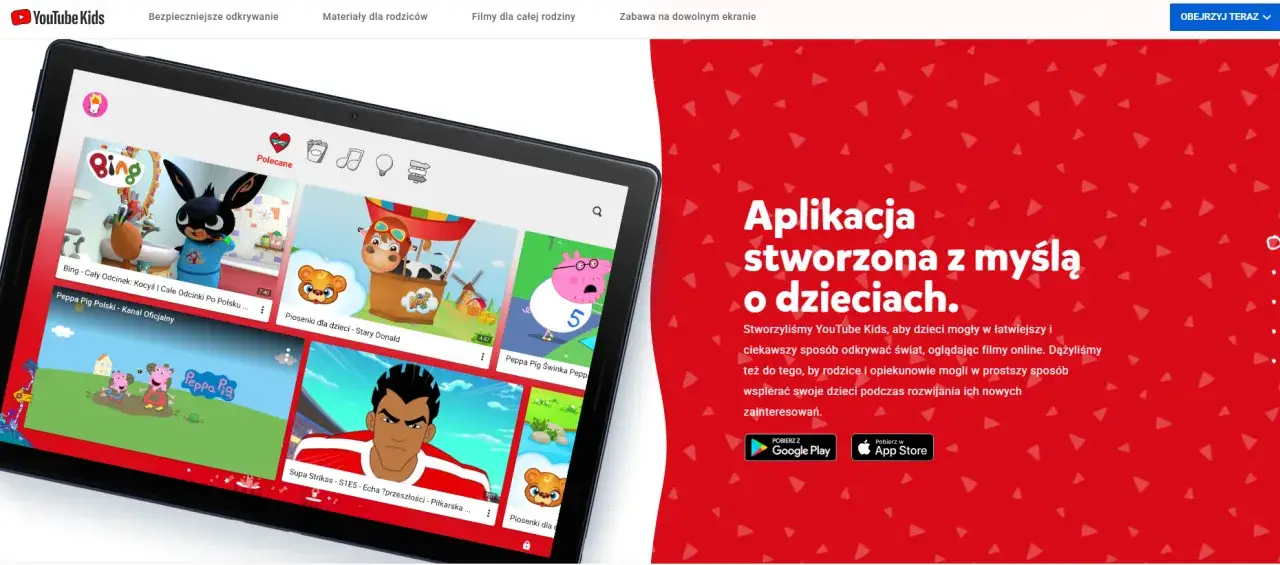 Tablet z YouTube Kids prezentuje kolorowe okładki filmów, w tym bajki o Śwince Peppie. Idealne filmy dla 5 latka czekają na odkrycie!