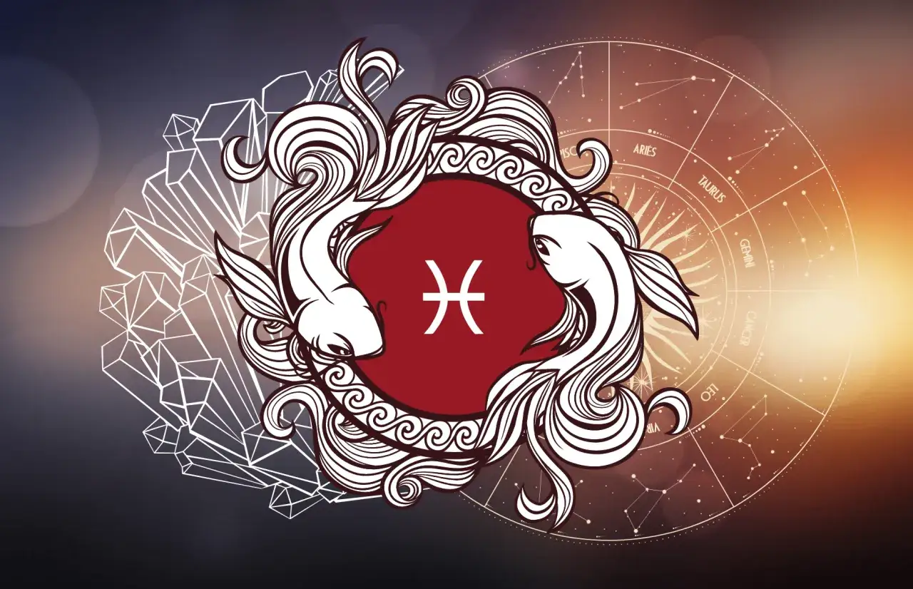 Dwa ryby symbolizujące 2 marca znak zodiaku Ryby, otoczone kryształami i kołem zodiaku.