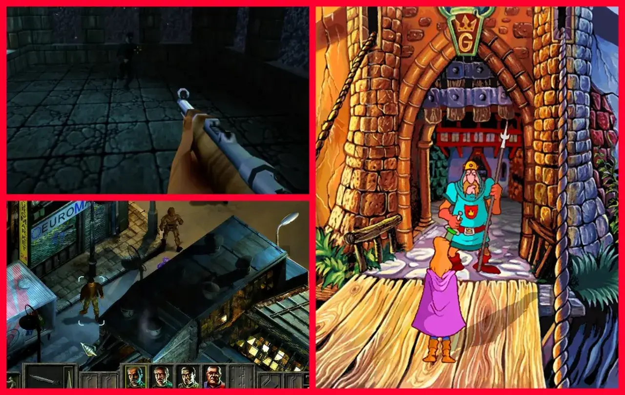 Kolaż z polskimi grami komputerowymi: strzelanka z perspektywy pierwszej osoby, izometryczny RPG i bajkowa przygodówka.