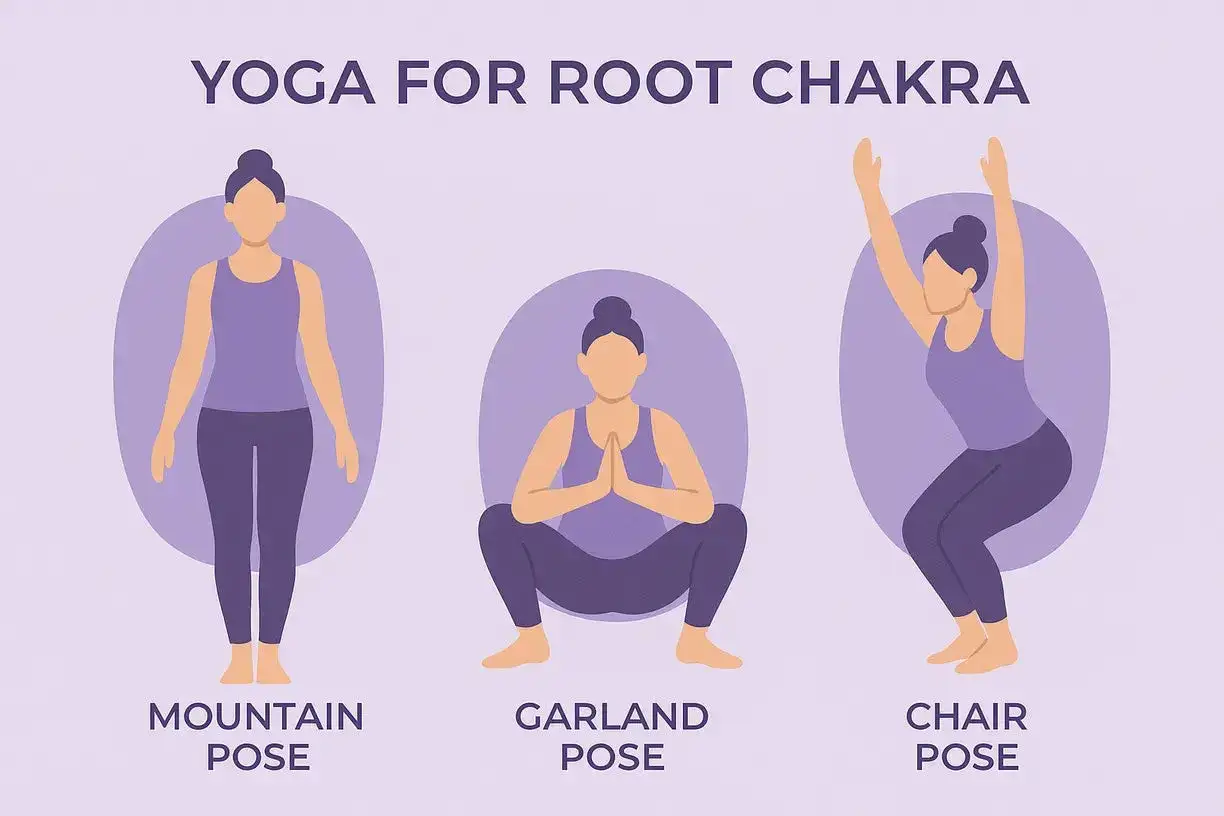 Yoga för rotchakrat: Bergsposition, Kransposition och Stols-position. Dessa ställningar hjälper till att förstå hur fungerar jordning.