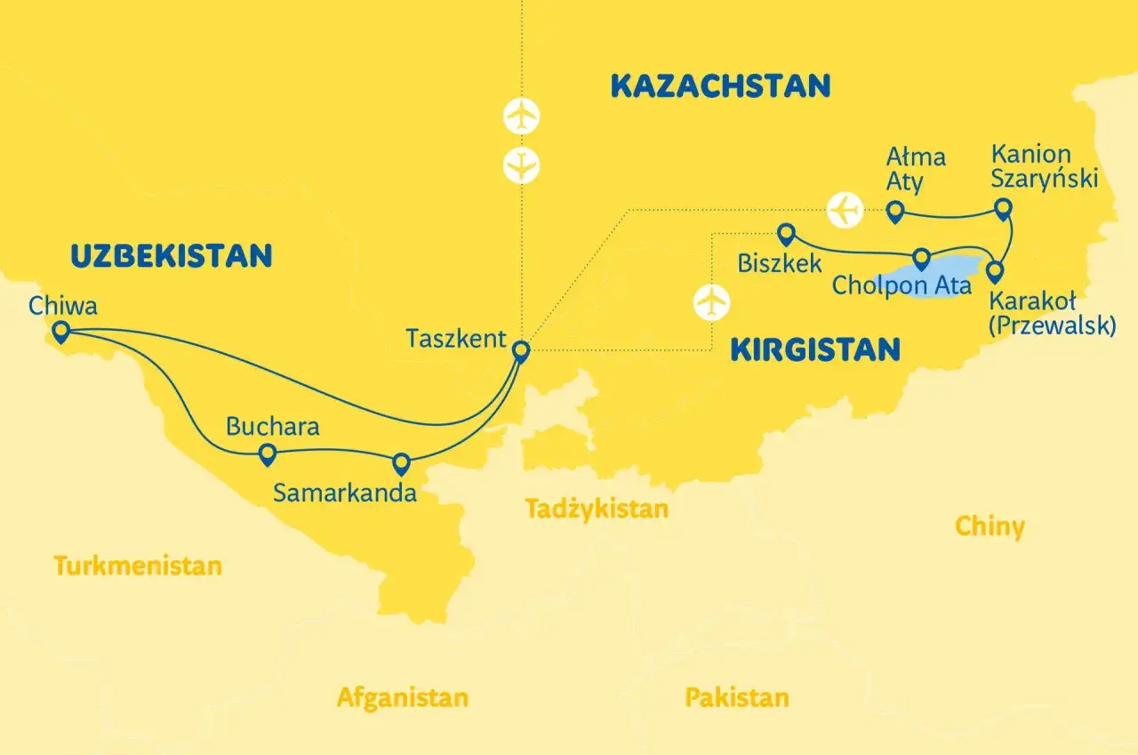 Mapa tras wycieczek po Uzbekistanie i Kirgistanie. Zobacz trasę przez Chiwę, Bucharę, Samarkandę, Taszkent, Biszkek, Ałma Atę i Jezioro Issyk-kul.