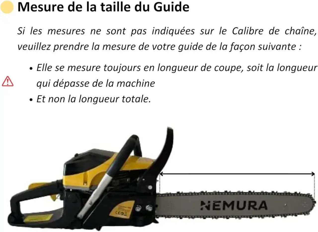 Comment choisir une tron&ccedil;onneuse thermique : mesurez la longueur de coupe de votre guide, pas la longueur totale. Image d'une tron&ccedil;onneuse thermique.