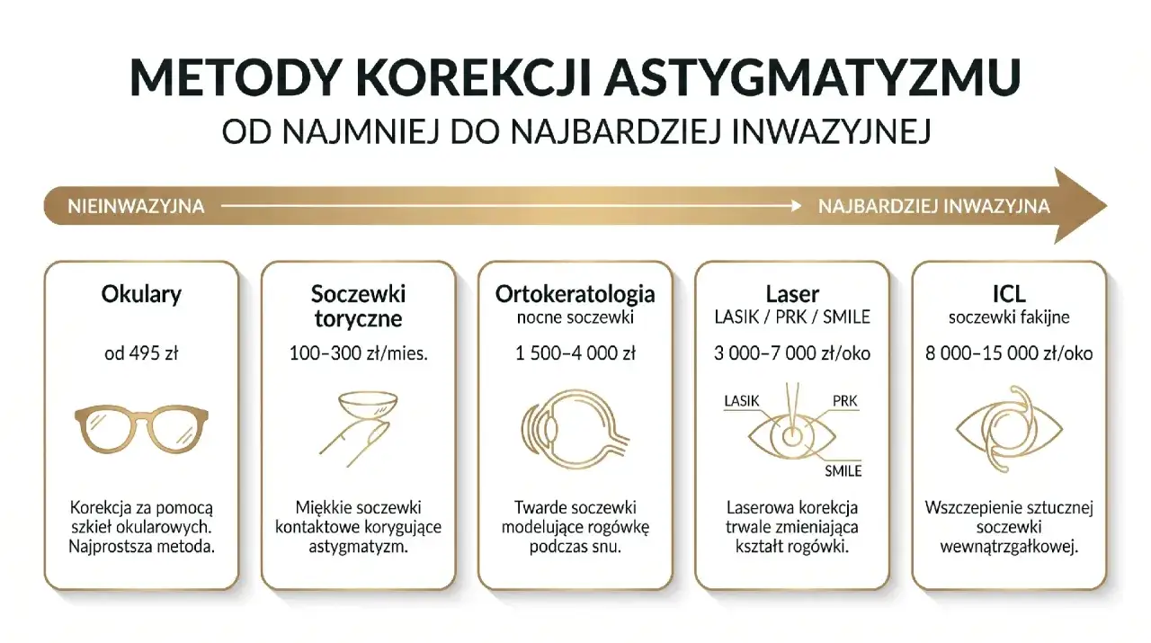 Metody korekcji astygmatyzmu w jednym oku: okulary, soczewki, ortokeratologia, laser, ICL.