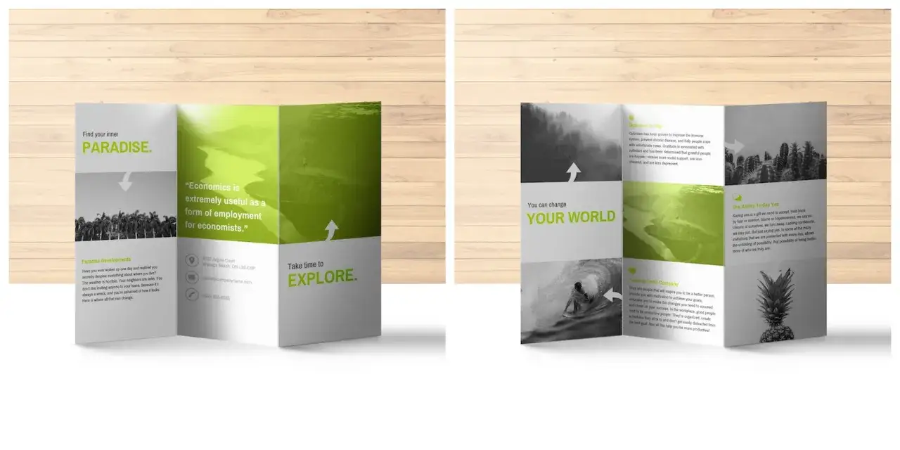 Un folleto triptico ejemplo con imágenes de naturaleza y citas inspiradoras sobre optimismo y exploración.