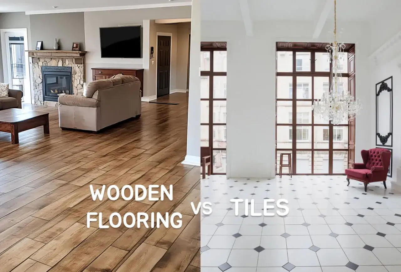 Split image showing a cozy living room with wood look tile flooring and a bright, elegant room with tile flooring.