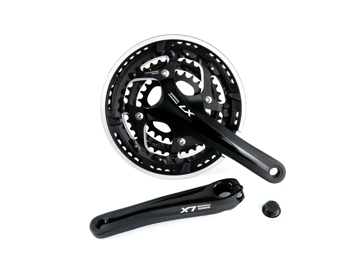 Zestaw korbowy Shimano Deore LX, czarny, z zębatkami i ramieniem korby.