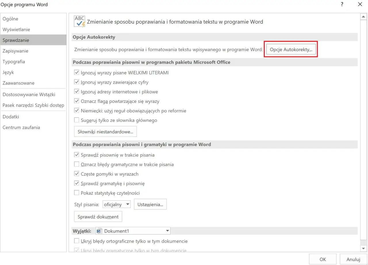 Ustawienia autokorekty w programie Word. Kliknij