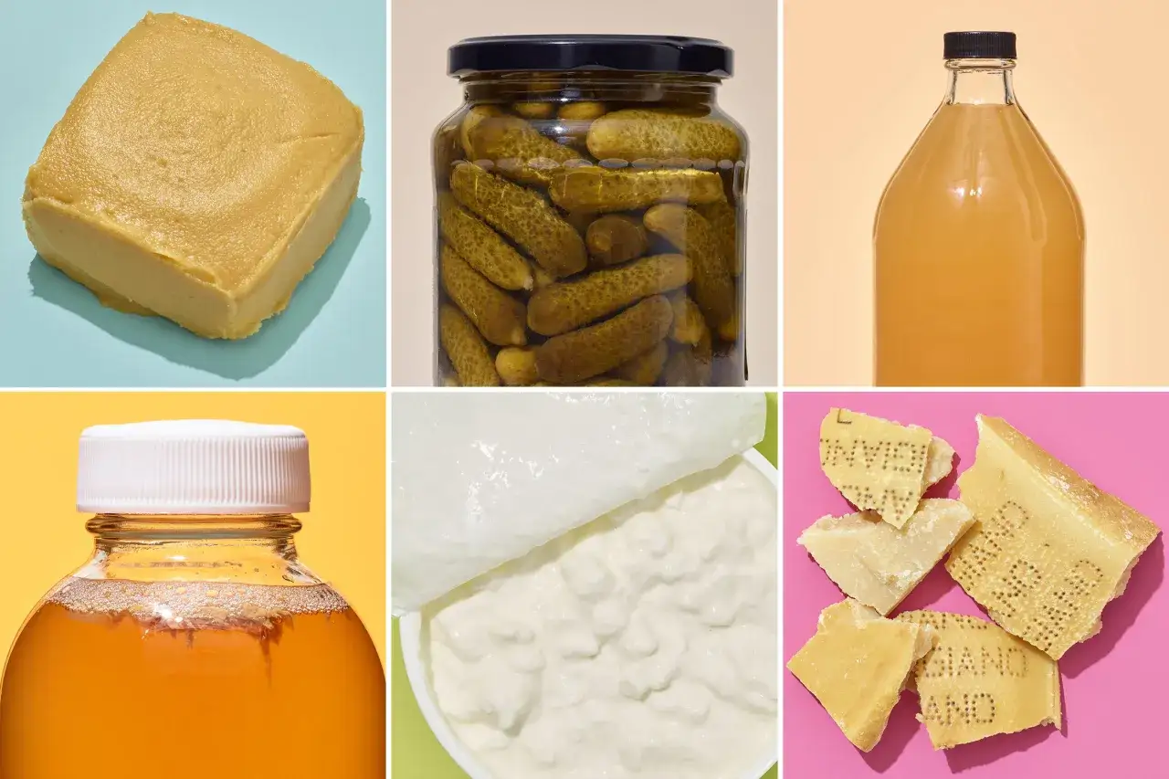 Probiotyk na co? Na zdrowie! Sześć produktów: pasta, ogórki, napój, jogurt, ser i kombucha.