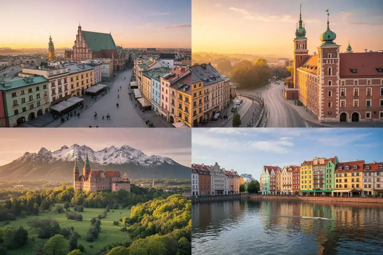 Vier Ansichten Polens: Krakauer Marktplatz, Warschauer K&ouml;nigsschloss, Schloss Niedzica mit Bergen und bunte H&auml;user am Fluss in Breslau. Die beste Reisezeit Polen ist vielf&auml;ltig.