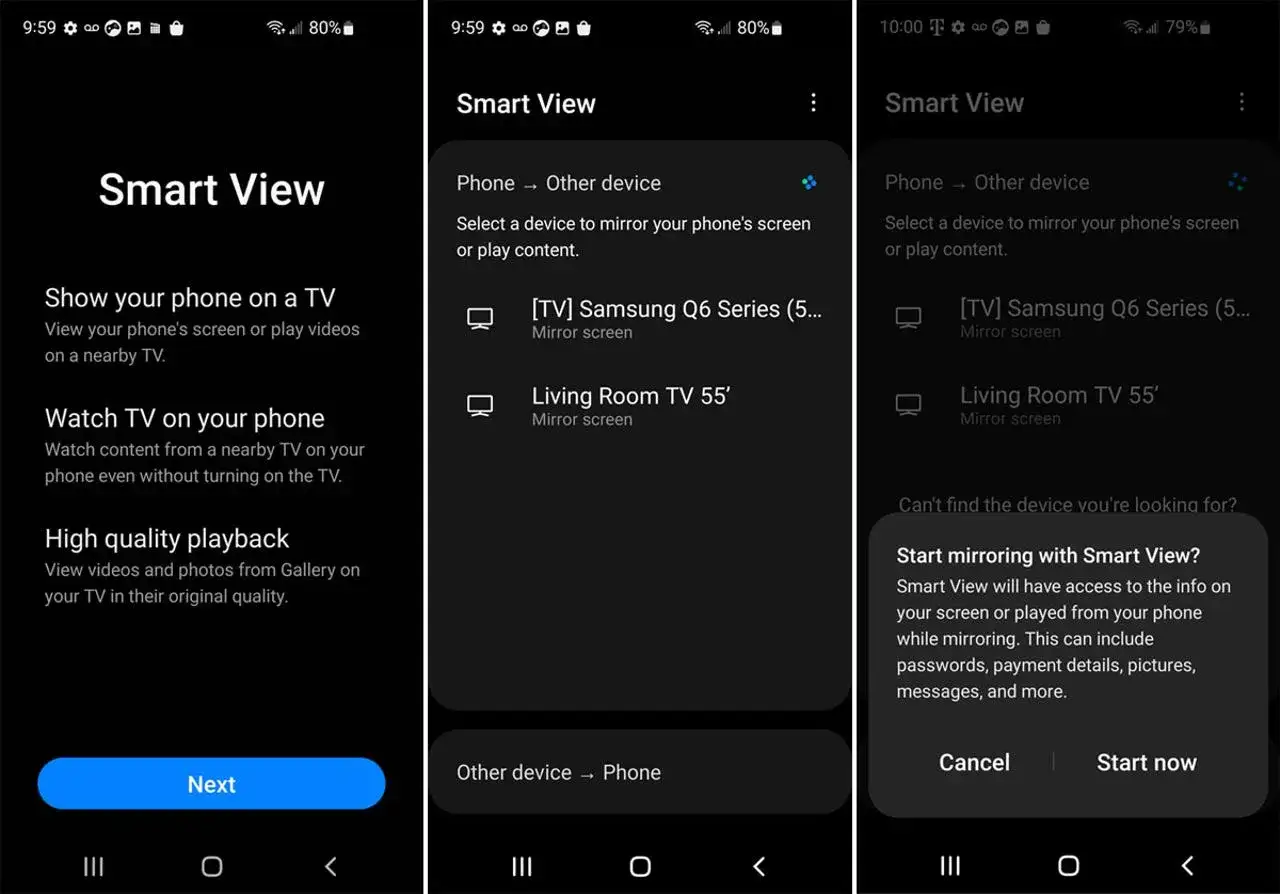 Aplikacja Smart View umożliwia klonowanie ekranu telefonu na telewizorze lub oglądanie treści z TV na telefonie.