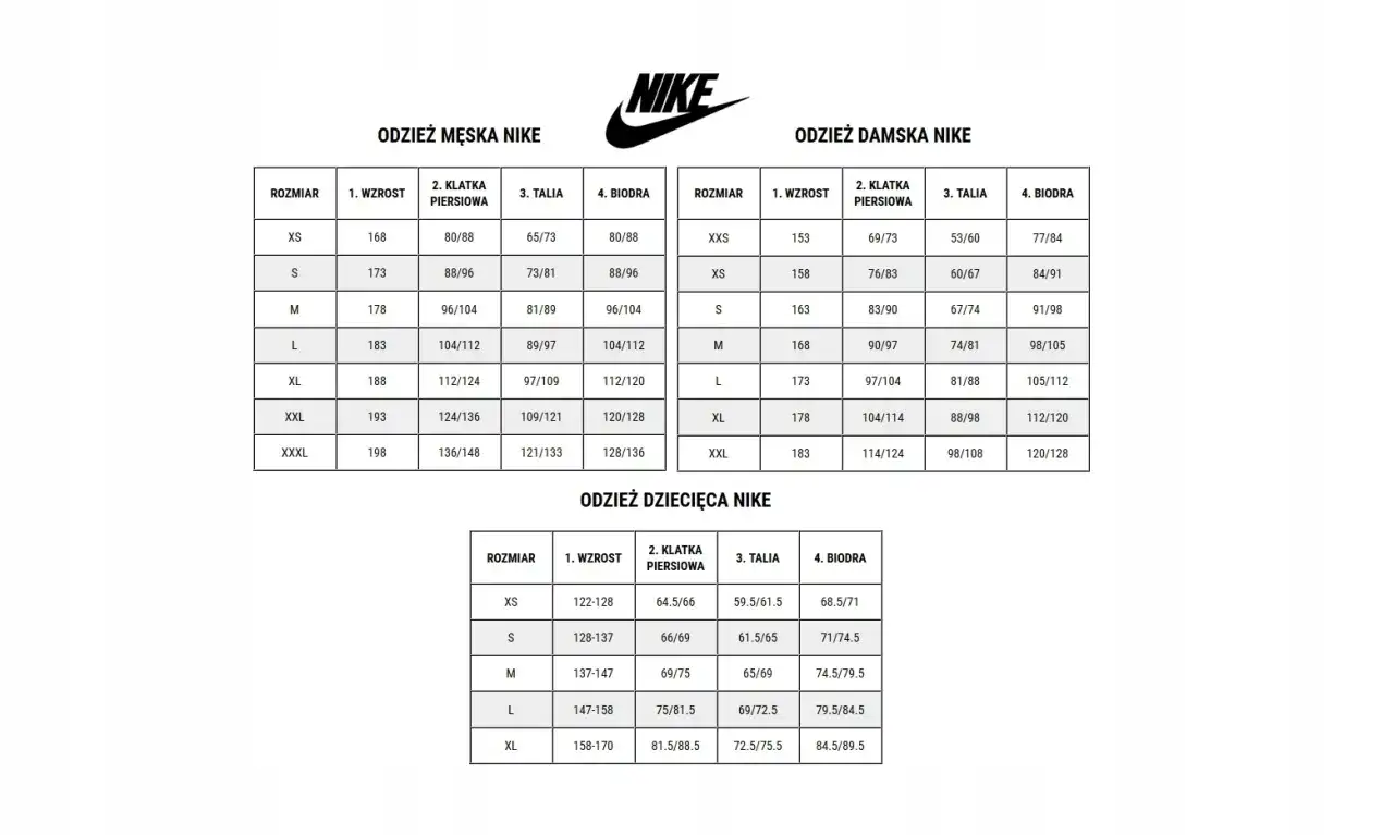 Tabela rozmiarów Nike dziecięce bluzy
