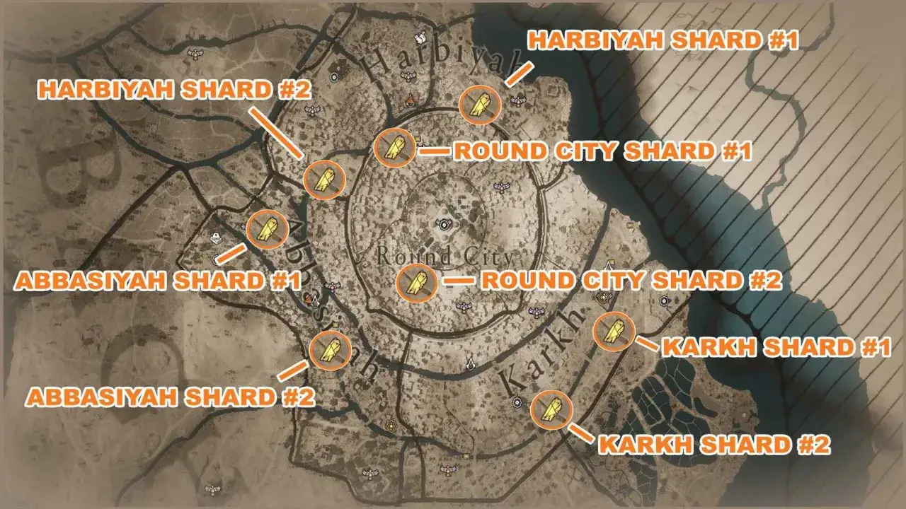 Mapa de Bagdad con la ubicación de las esquirlas misteriosas ac mirage.