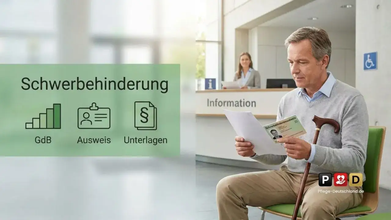 Mann mit Gehstock pr&uuml;ft Schwerbehindertenausweis. Informationen zu GdB, Ausweis und Unterlagen f&uuml;r Morbus Bechterew.