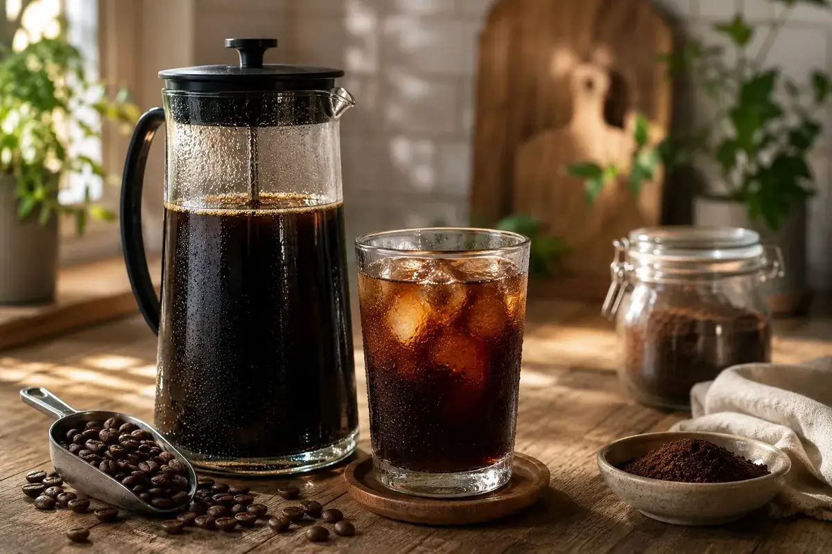 Zaparzanie kawy na zimno, czyli cold brew co to? Oto orzeźwiający napój z dzbanka, szklanka z lodem i ziarna kawy.