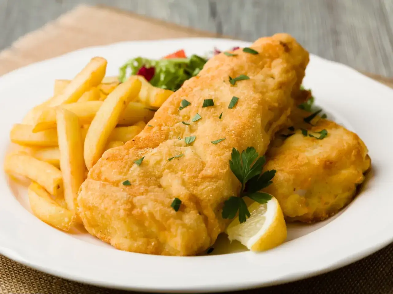 Chrupiący fish and chips przepis na talerzu: złociste frytki, panierowana ryba, sałatka i cytryna.
