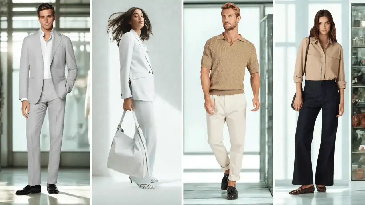 Smart casual vs. business casual: Mann im hellgrauen Anzug, Frau im hellblauen Hosenanzug, Mann im beigen Poloshirt, Frau in beiger Bluse und dunkler Hose.