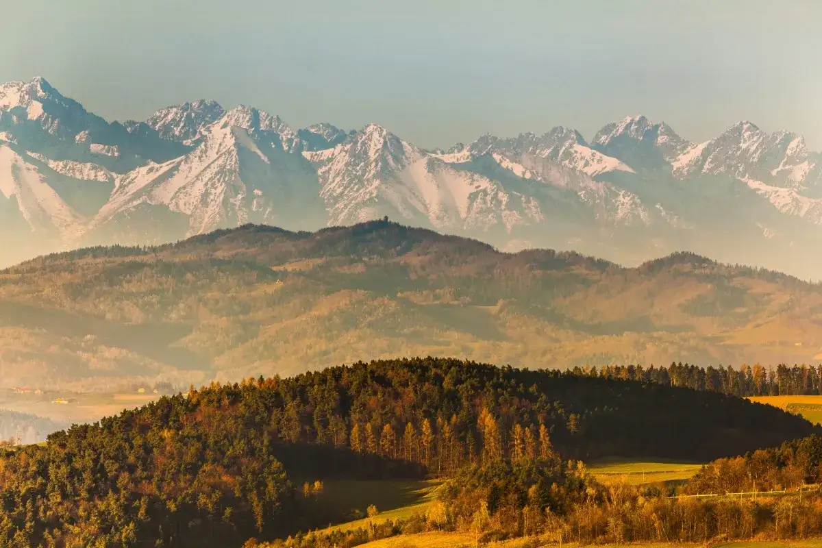 Widok na ośnieżone szczyty w Polsce, otoczone jesiennymi wzgórzami i lasami.