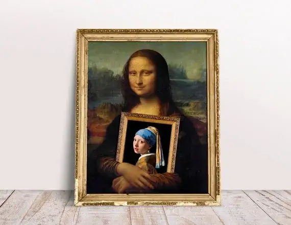 Collage ber&uuml;hmter alter Frauenportr&auml;ts wie Mona Lisa und M&auml;dchen mit dem Perlenohrring