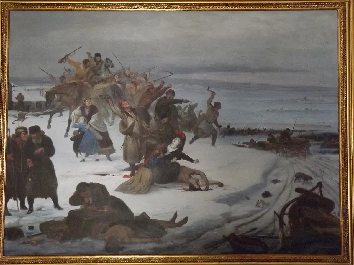 Scena brutalnej rabacji galicyjskiej. Ludzie walczą, padają ofiary, w tle widać konie i wóz.