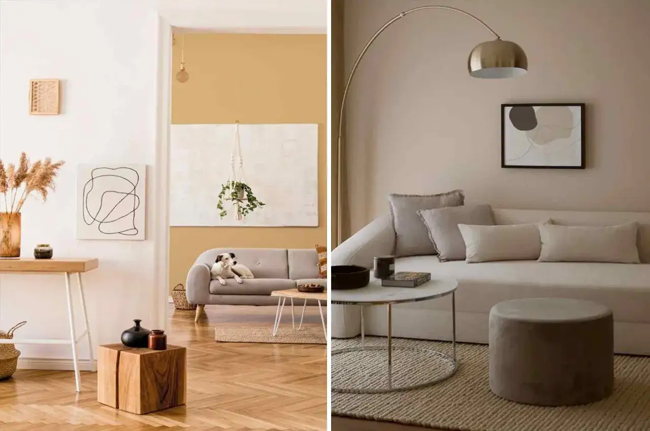 Ambiance cosy et naturelle, deux salons aux couleurs douces et aux matières brutes, une tendance déco qui invite à la détente.